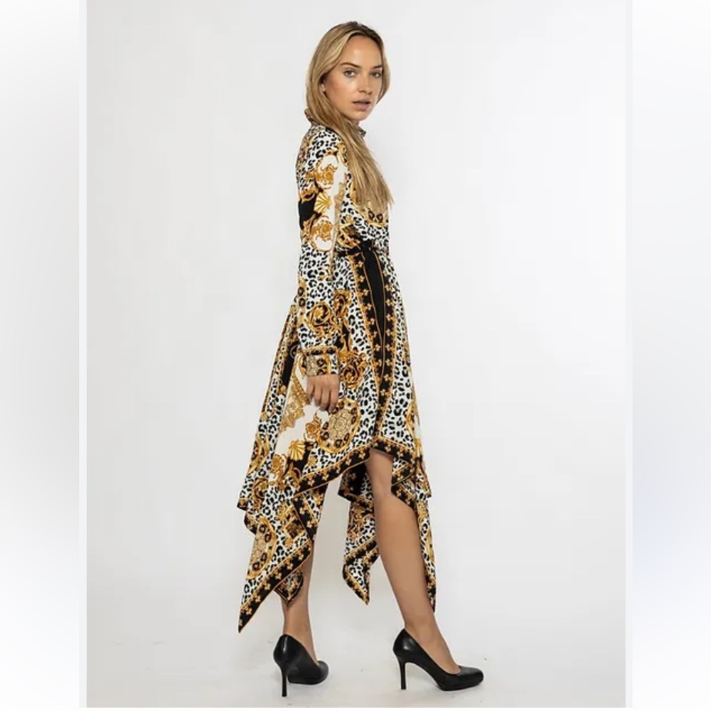 GRACIA Black Gold Scarf Animal Print Long Sleeve Swing High Low Midi Dress Sz L